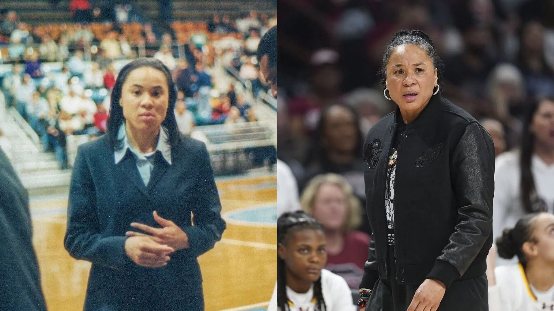 Dawn Staley as Temple Owls head coach in 2002, Staley as South Carolina coach 2025