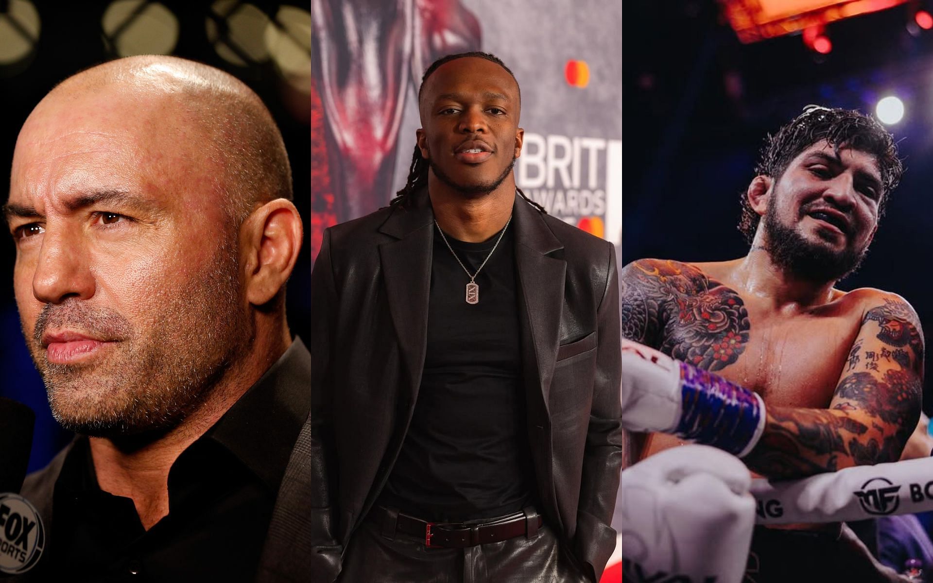 Joe Rogan (left) questions KSI (middle) pulling out of Dillon Danis (right) fight. [Images courtesy: Getty Images, @ksi, and @ on Instagram]