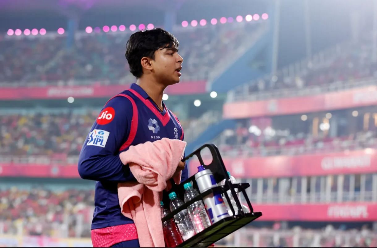 RR&#039;s Vaibhav Sooryavanshi carrying drinks in RR vs KKR IPL 2025 match [Getty Images]