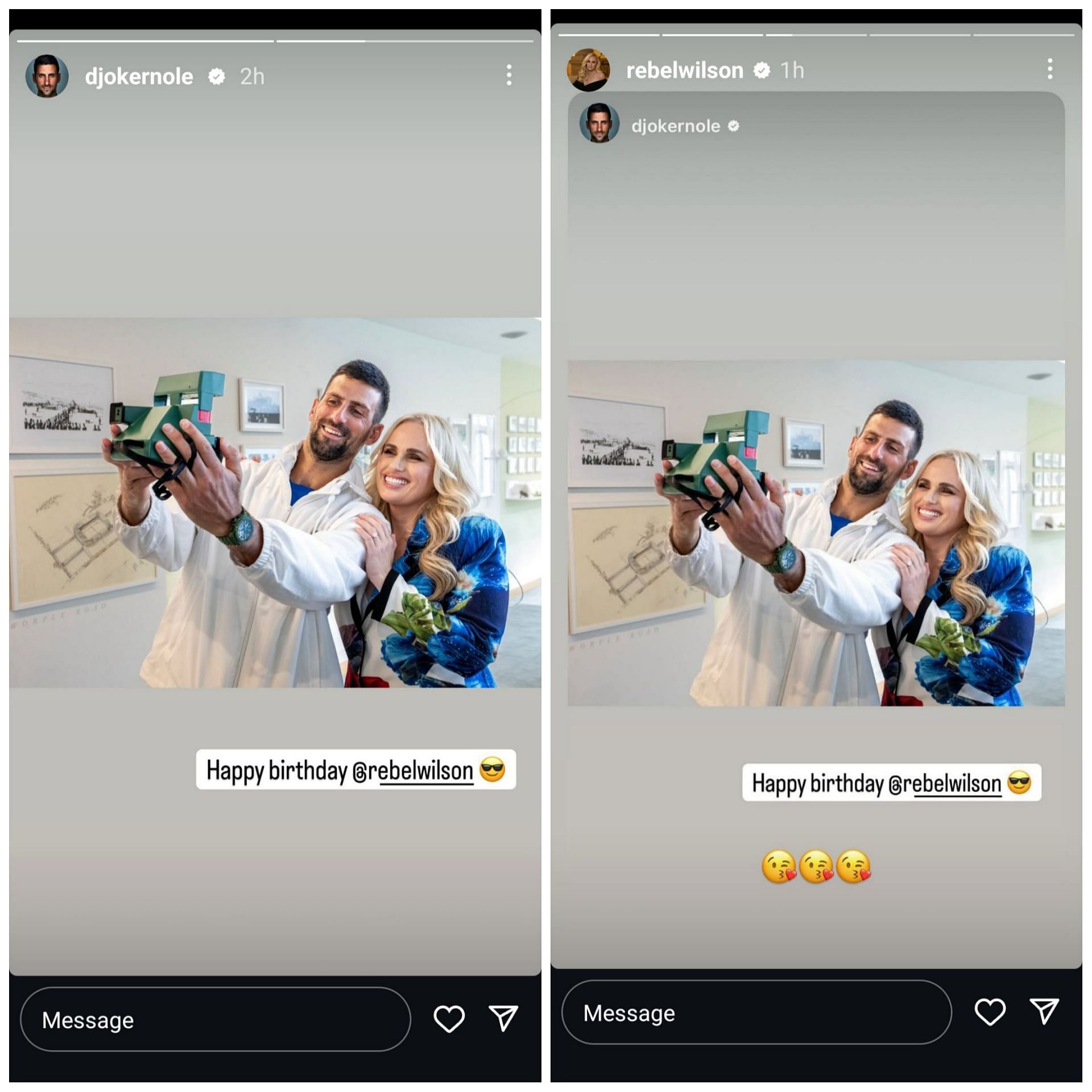 Screen grab of Novak Djokovc &amp; Rebel Wilson&#039;s Instagram stories [Image Source: Instagram]