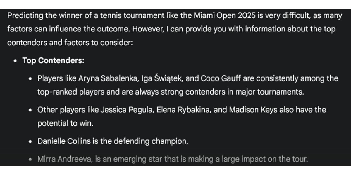 Gemini AI prediction for the Miami Open 2025 women&#039;s singles title.