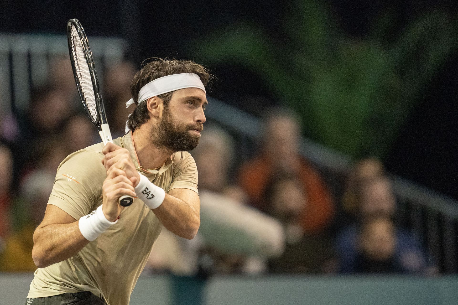 Basilashvili in action at the 50th ABN AMRO Open 2023 - Qualifying - Source: Getty