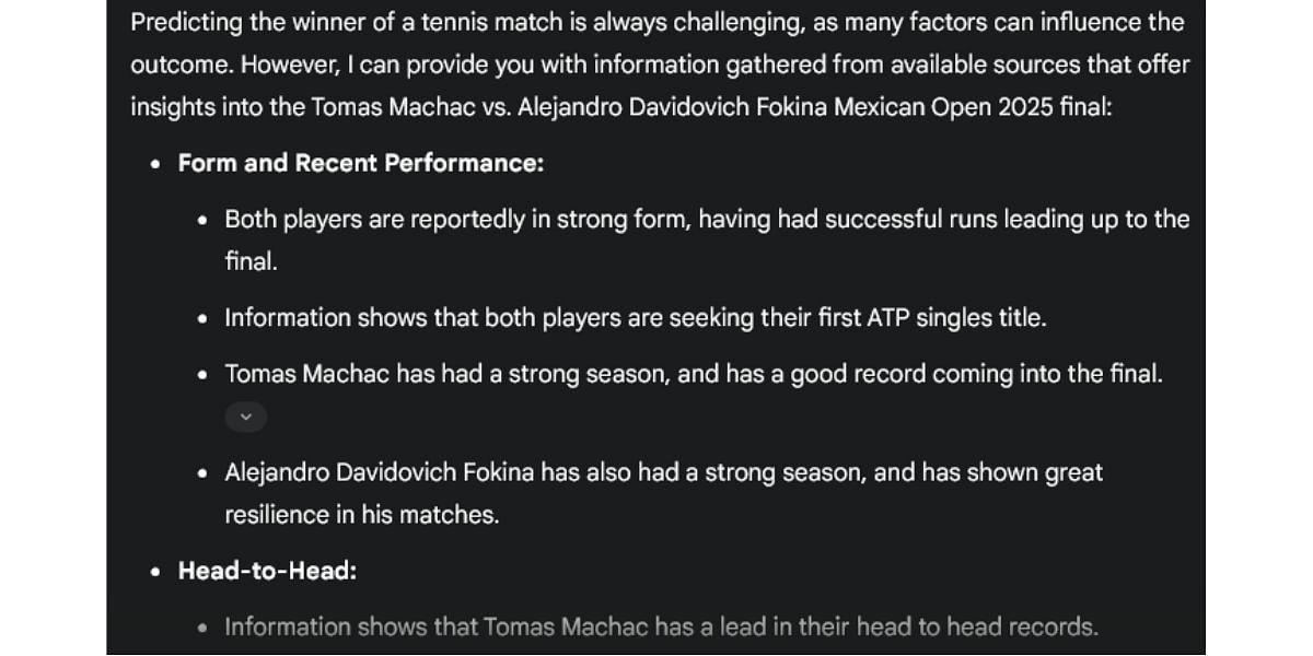 Gemini AI&#039;s prediction for the Mexican Open 2025 final between Tomas Machac and Alejandro Davidovich Fokina. (Source: Gemini AI)