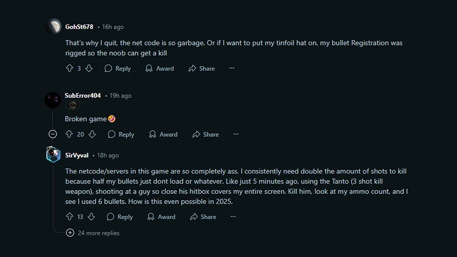 Reddit comments discussing the server issues and net code in Black Ops 6 (Image via Reddit)