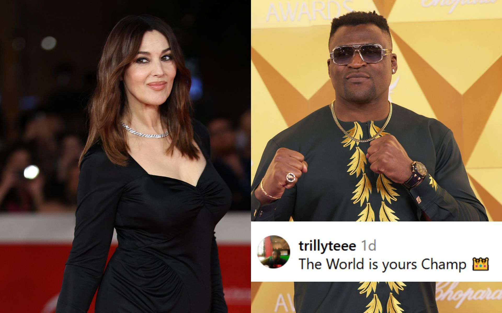 Monica Bellucci (left) is a world-renowned movie star, whereas Francis Ngannou (right) is a veteran combat sportsperson [Images courtesy: Getty Images]