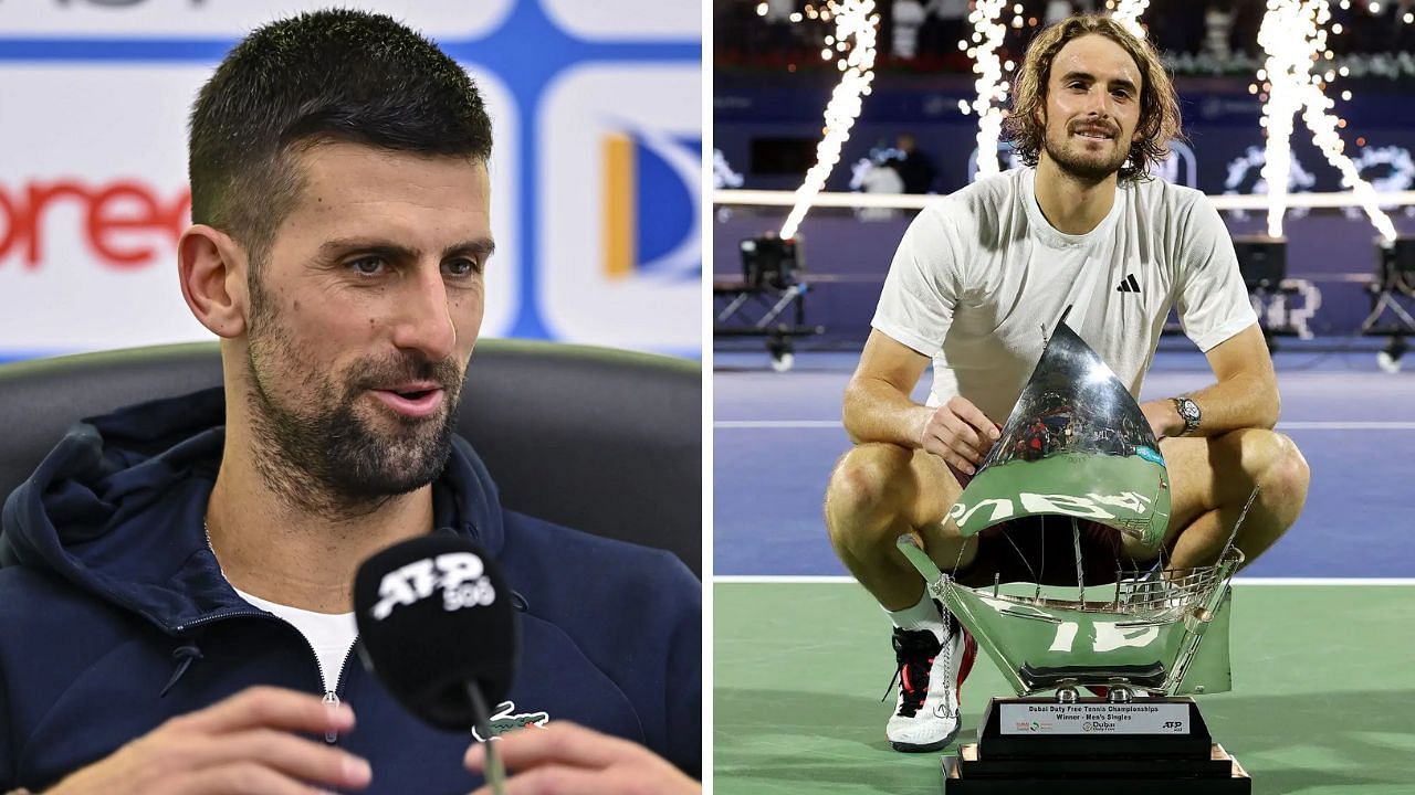 Novak Djokovic (L) sends best wishes to Stefanos Tsitsipas (R) on his win - Source: Getty