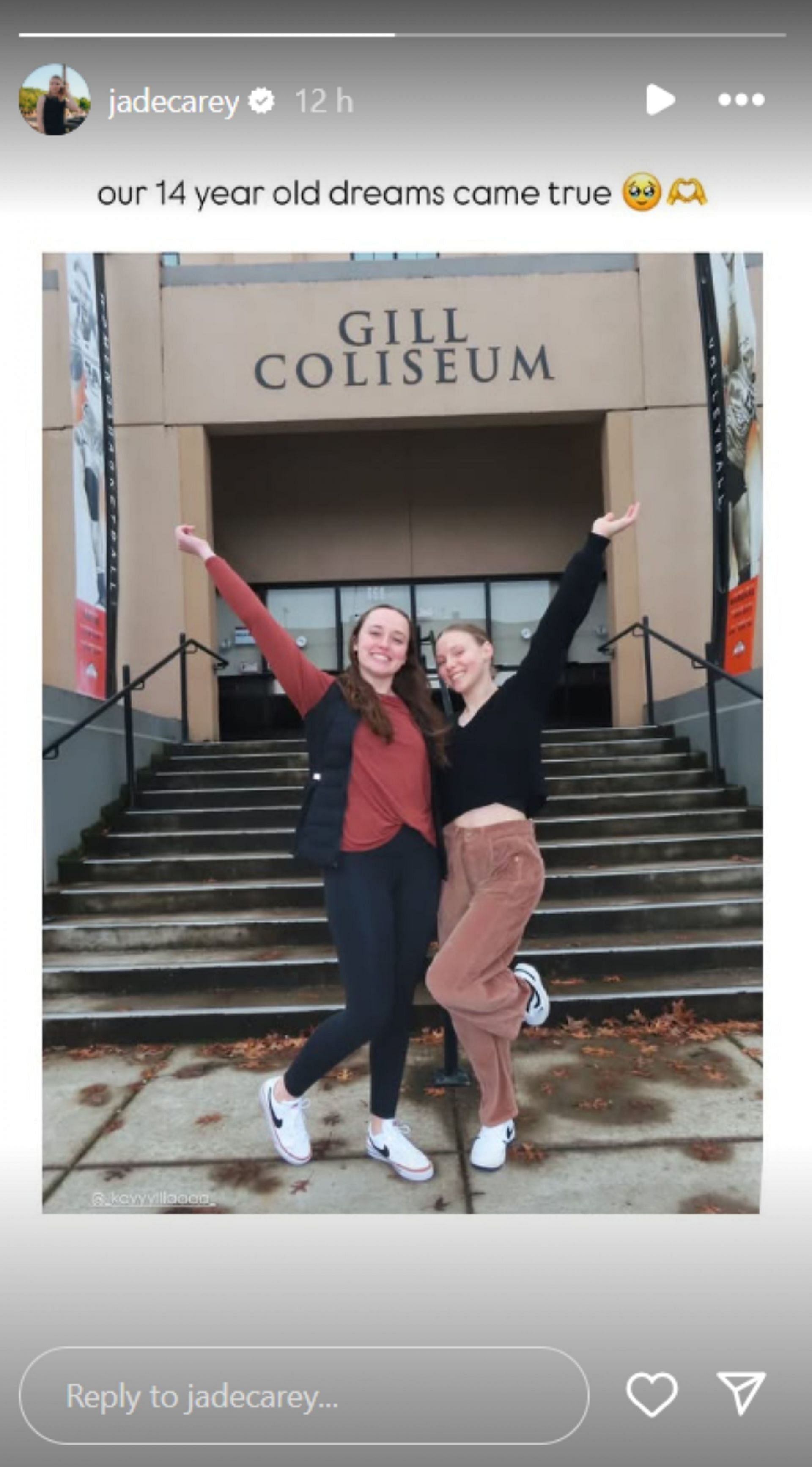 Jade Carey poses with Kayla in front of Gill Coliseum; Instagram - @jadecarey