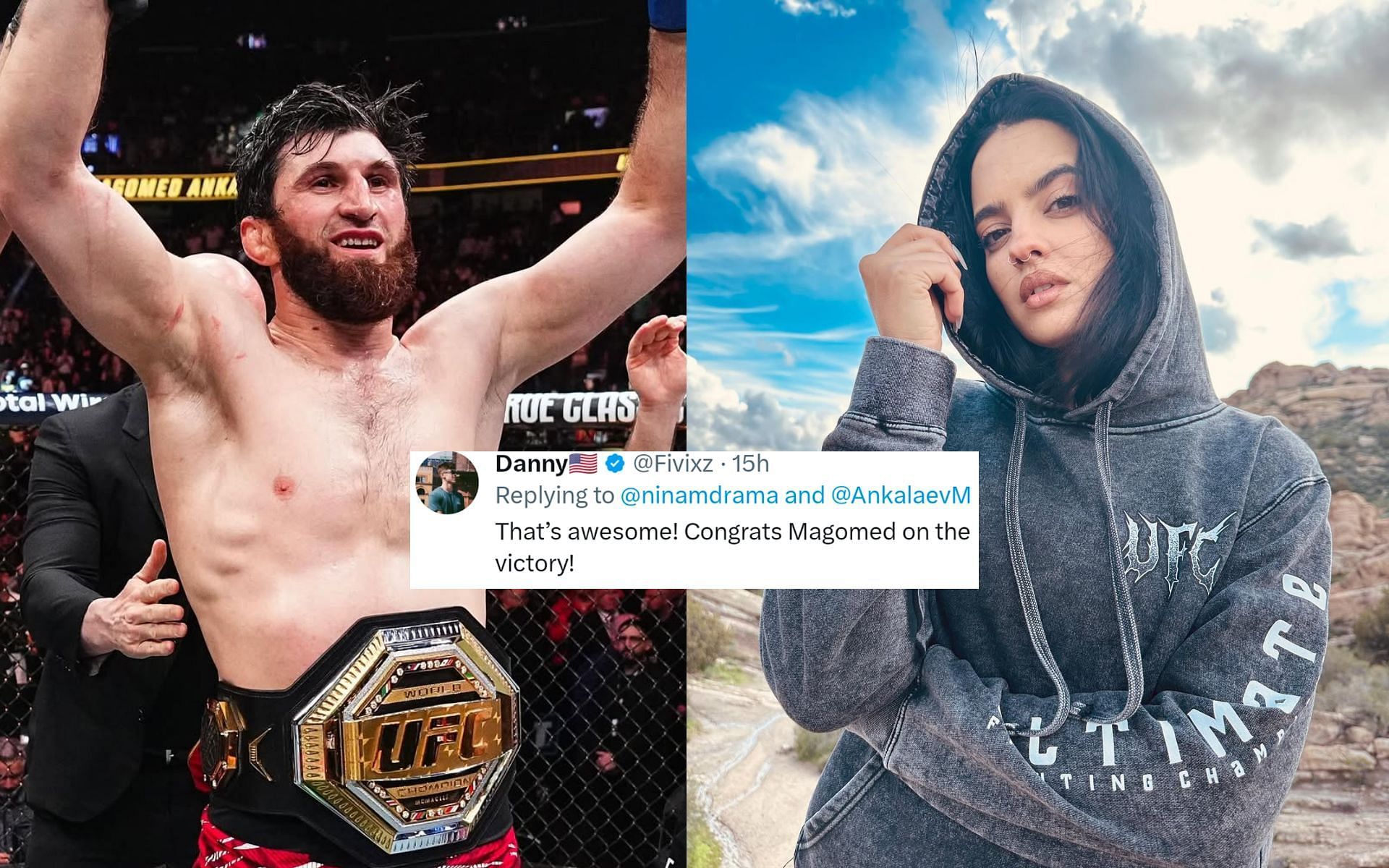 Fans react to Nina-Marie Daniele (right) highlighting new UFC champion Magomed Ankalaev&rsquo;s (left) business venture. [Images courtesy: @ufcindonesia and @ninamariedaniele on Instagram]