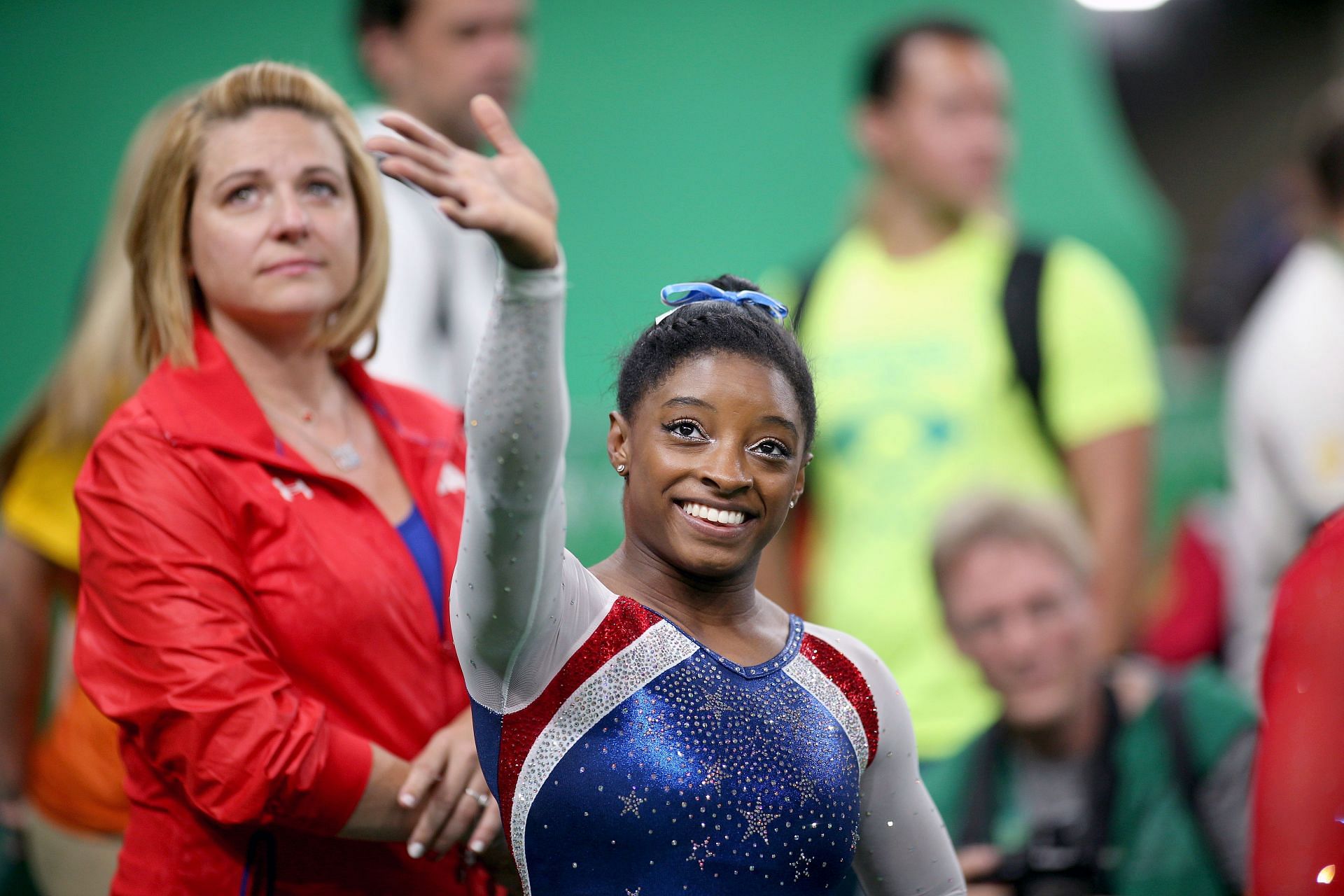 Simone Biles of the United States with coach Aimee Boorman during the Rio Olympics in Brazil. (Photo via Getty Images)