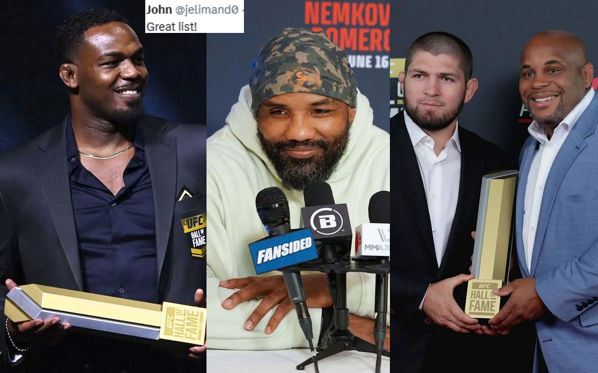 Yoel Romero (middle) causes debate among fans over his best UFC fighters ever, which includes Jon Jones (left) but not Khabib Nurmagomedov (first from right) and Daniel Comrier (far right) [Images courtesy: Getty Images]