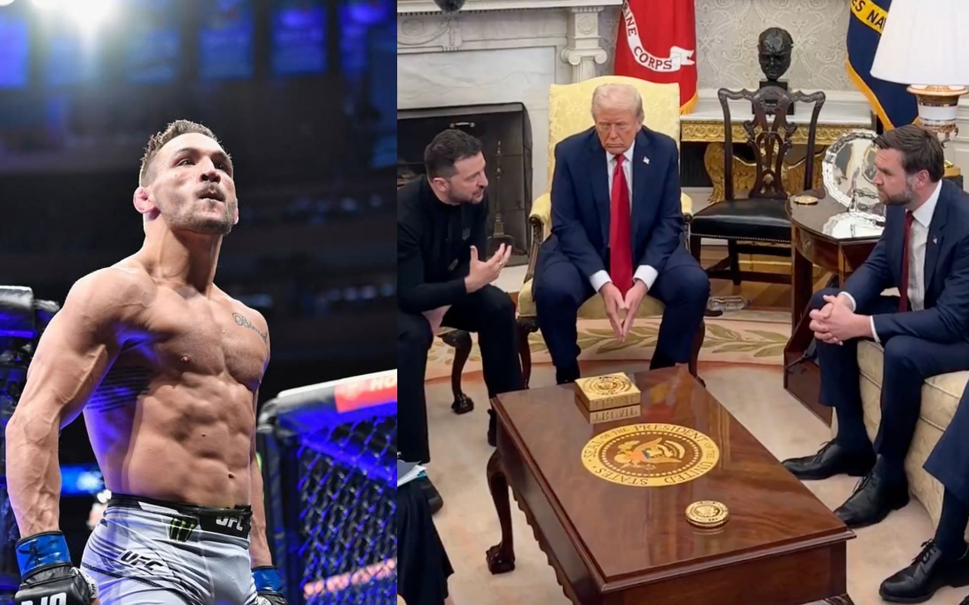 Michael Chandler commented on meeting between U.S. President Donald Trump, Vice President J.D. Vance, and Ukrainian President Volodymyr Zelenskyy. [Images courtesy: @mikechandlermma on Instagram and @MargoMartin47 on X]