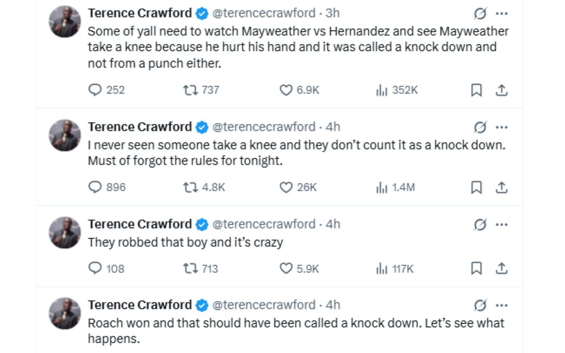 Screenshots of Terence Crawford&#039;s posts following Gervonta Davis vs. Lamont Roach Jr. draw