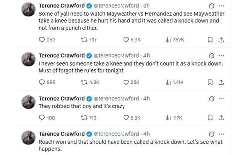 Screenshots of Terence Crawford's posts following Gervonta Davis vs. Lamont Roach Jr. draw