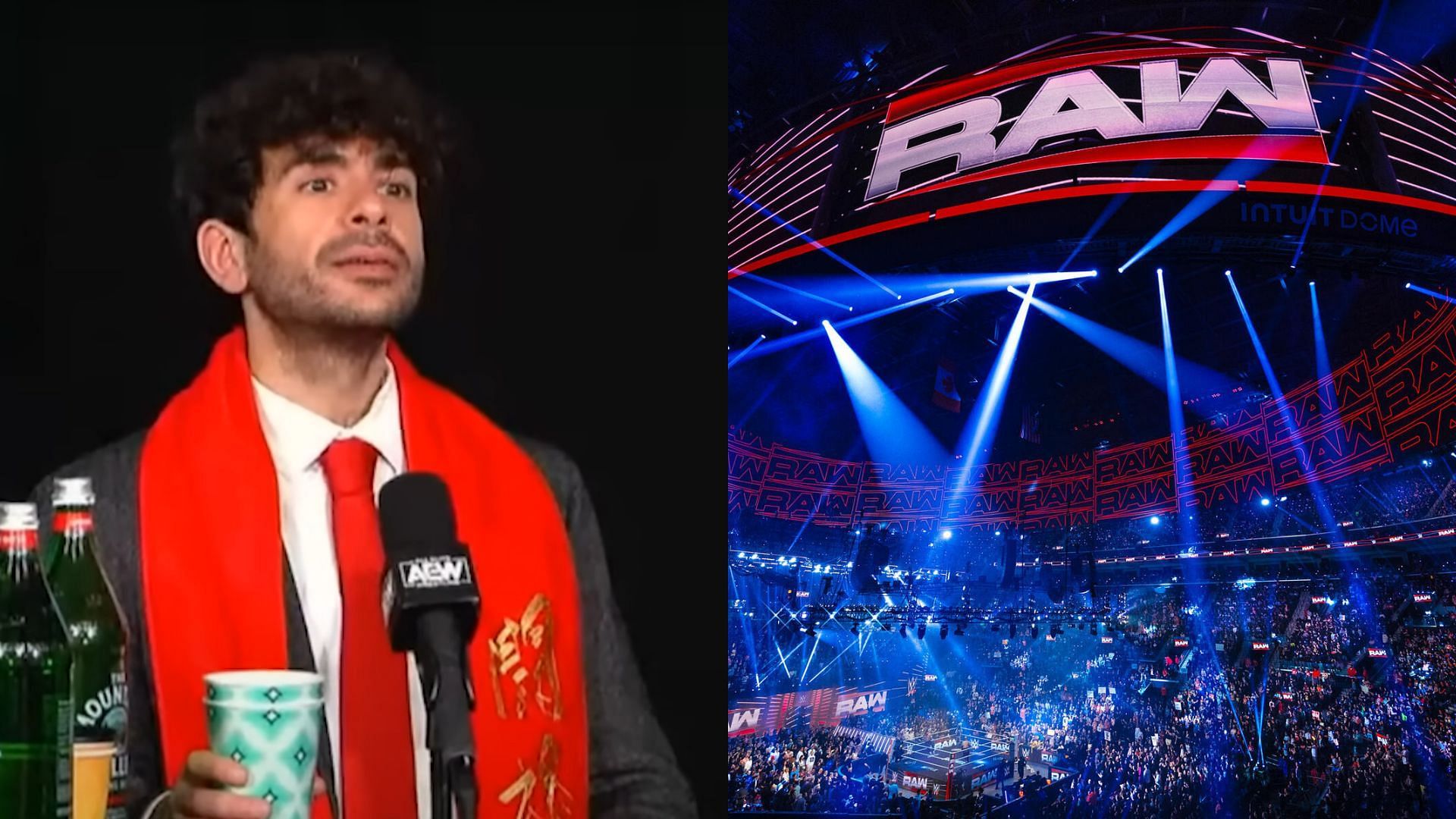 Tony Khan (left) and WWE RAW arena (right). (Image credits: AEW YouTube channel &amp; wwe.com)