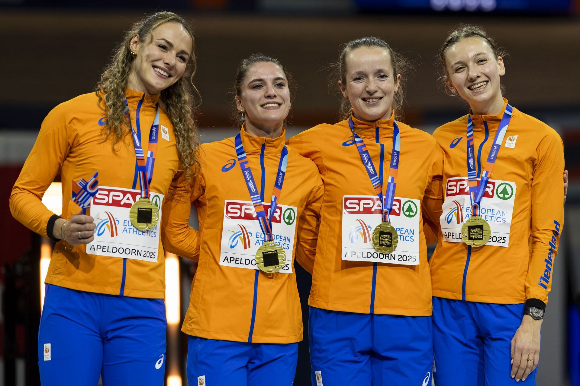 Lieke Klaver, Nina Franke, Cathelijn Peeters and Femke Bol at the 2025 European Athletics Indoor Championships - Day Four - Source: Getty