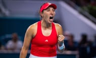 Jessica Pegula of the United States reacts to defeating Emma Raducanu of Great Britain in the quarter-final on Day 9 of the Miami Open - Source: Getty