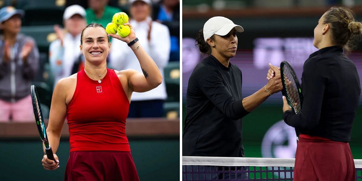 Aryna Sabalenka (L), and with Madison Keys at the net after their match at Indian Wells 2025. (Photos: Getty)