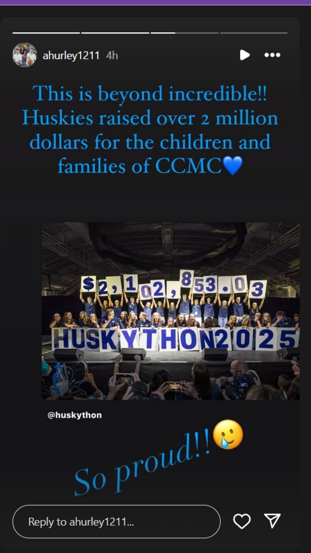 Andrea Hurley makes HUSKYTHON post on IG story. Image via @ahurley1211