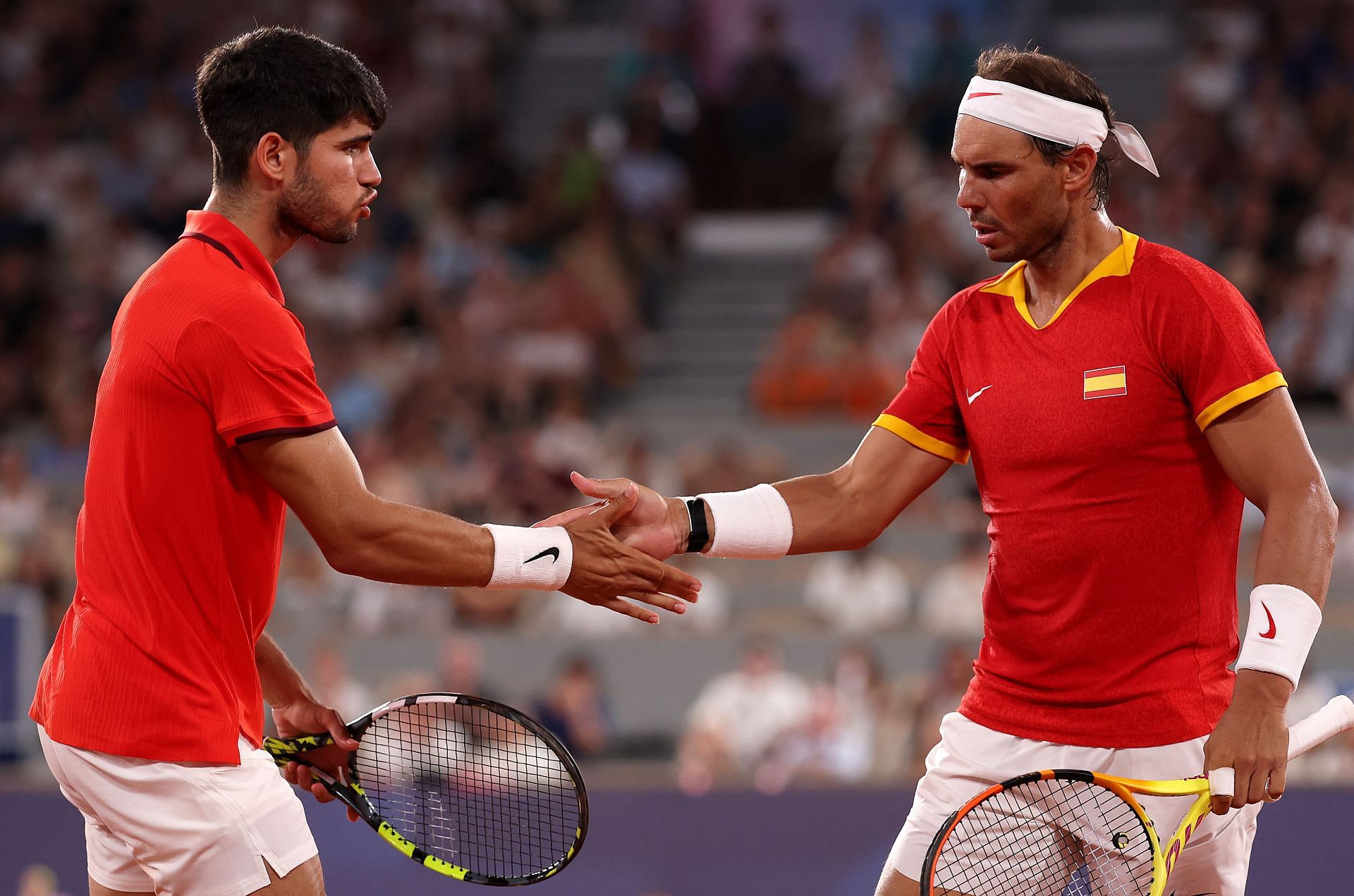 Spain&#039;s Carlos Alcaraz (left) and Rafael Nadal (right) at the 2024 Paris Olympics (Source: Getty)