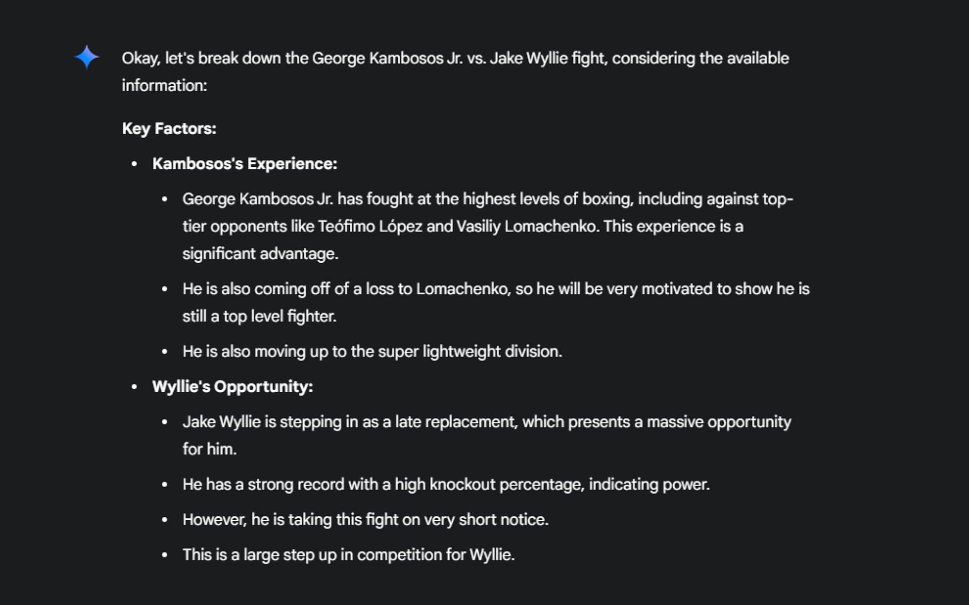 Screenshot of Google&#039;s AI prediction for George Kambosos Jr. vs. Jake Wyllie