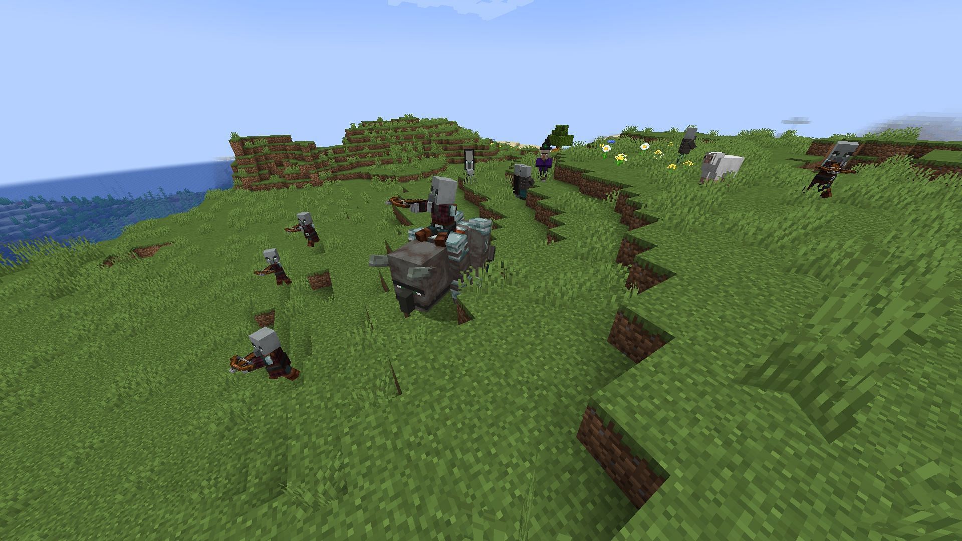 Notice where the Illagers are coming from through their horn (Image via Sportskeeda Gaming || Mojang Studios)