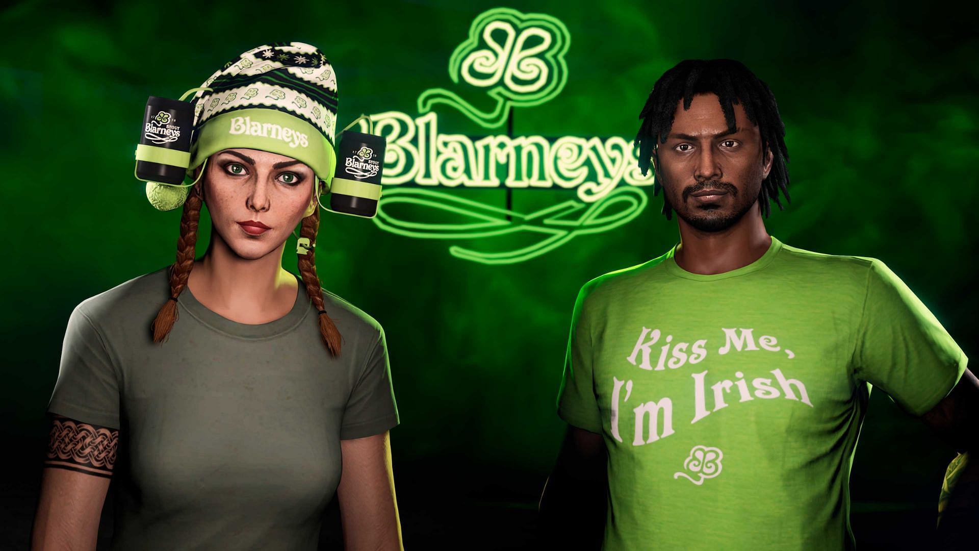 A promotional picture of the Blarneys Stout Tee and Blarneys Festive Beer Hat (Image via Rockstar Games)