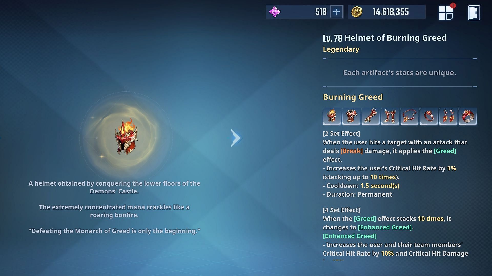 Burning Greed artifact set (Image via Netmarble)