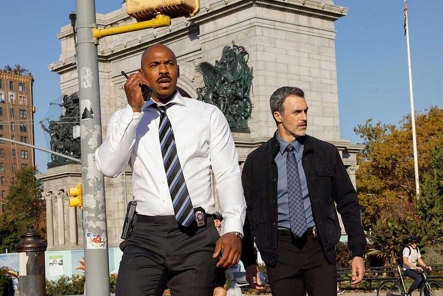 Detective Jalen Shaw (Mehcad Brooks) and Detective Vincent Riley (Reid Scott) in Law &amp; Order (Image via NBC)