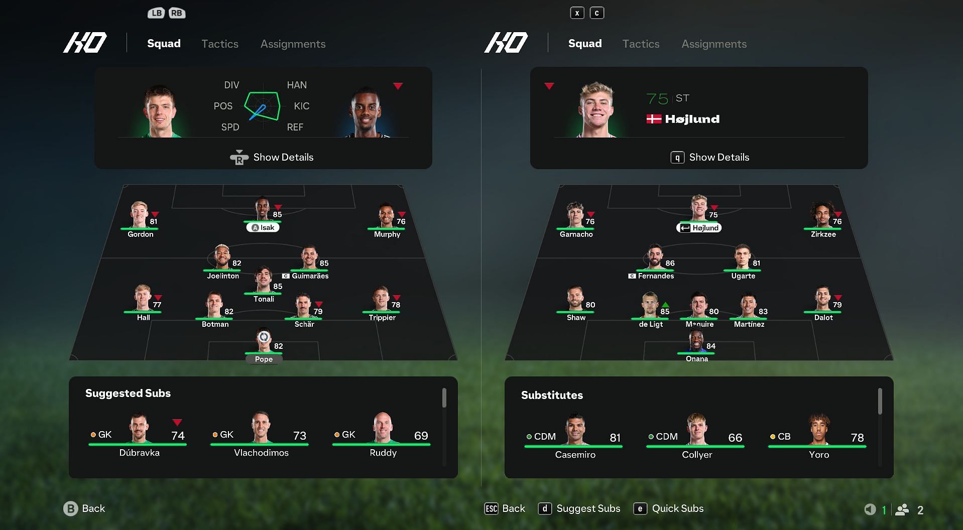 Newcastle and Man United player attributes (Image via Sportskeeda Gaming/EA Sports)