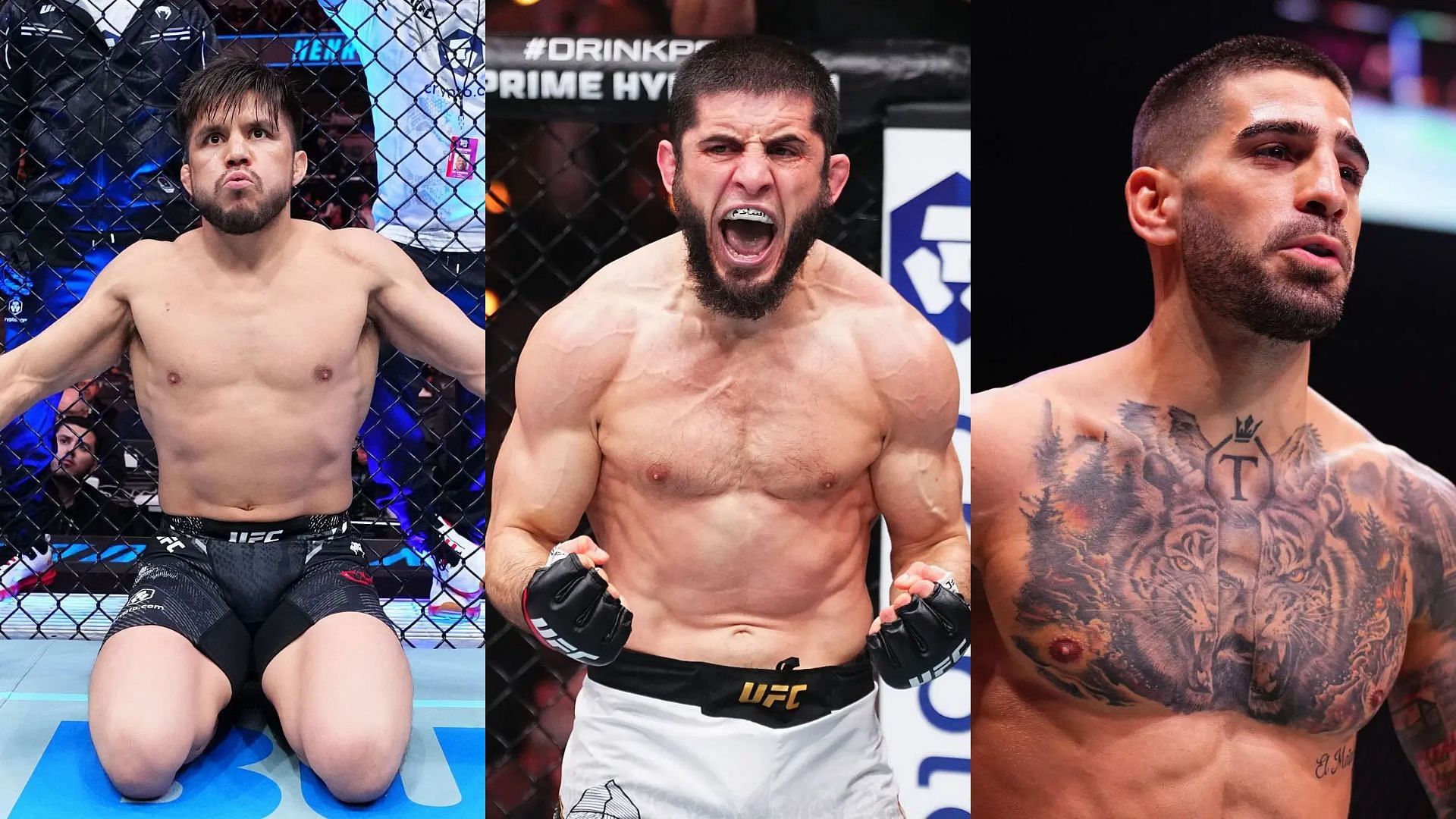 Henry Cejudo (left) seconds Islam Makhachev (middle) vs. Ilia Topuria (right). [Image courtesy: Getty Images]