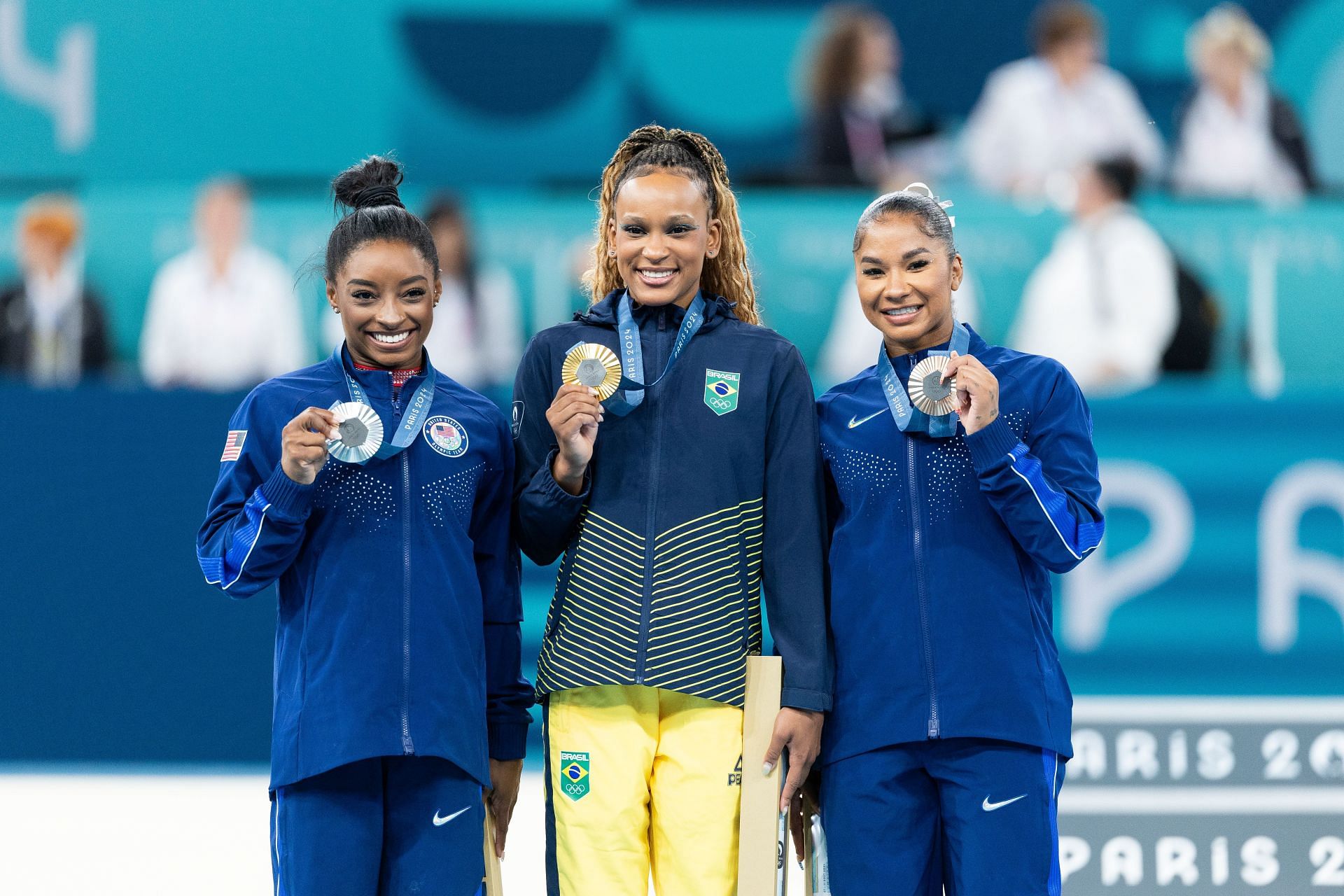 Simone Biles, Rebeca Andrade and Jordan Chiles at the Artistic Gymnastics - Olympic Games Paris 2024: Day 10 - Source: Getty