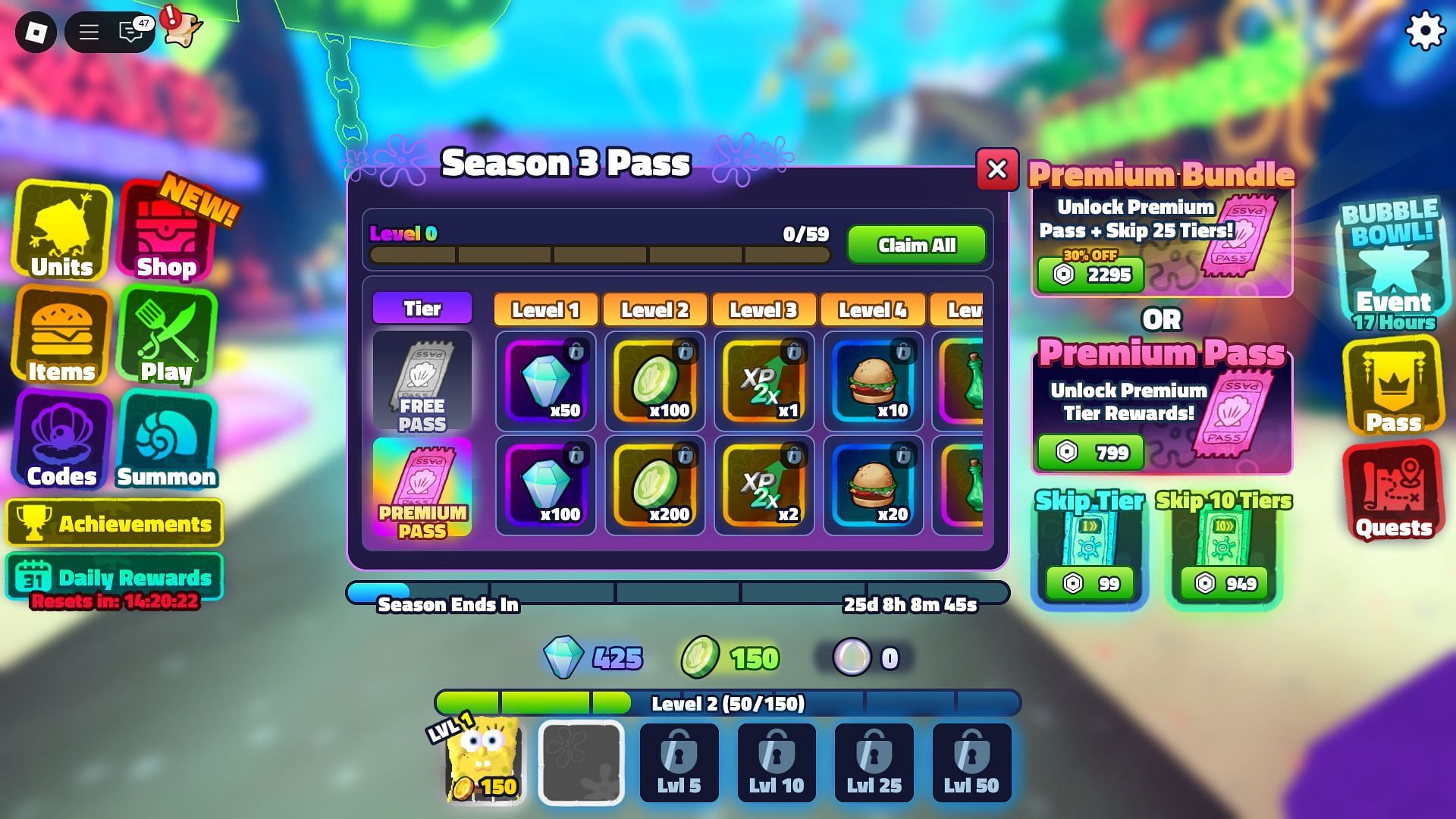 A list of rewards in the Season 3 Pass in SpongeBob Tower Defense (Image via Roblox)