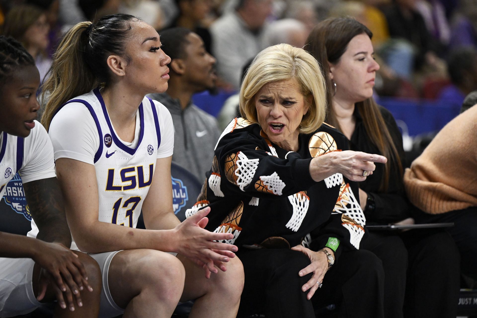 Head coach Kim Mulkey of the LSU Tigers reacts from the bench against the Florida Gators in the quarterfinal round of the SEC Tournament at Bon Secours Wellness Arena. Photo: Getty