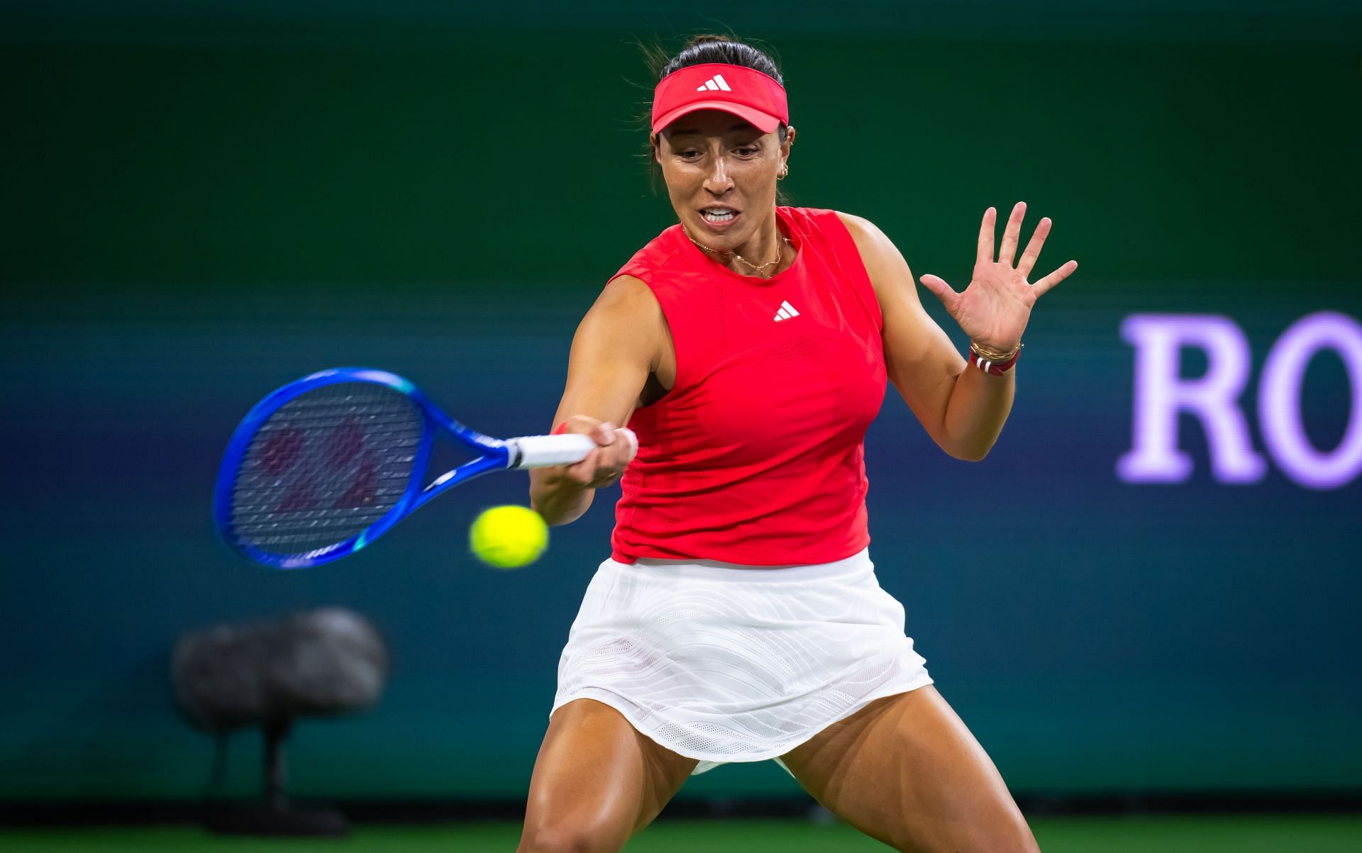 Jessica Pegula of the United States in action against Magda Linette of Poland in the second round on Day 3 of the BNP Paribas Open - Source: Getty