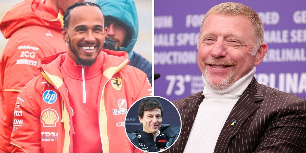 Lewis Hamilton (L), Boris Becker (R) &amp; Toto Wolff (inset) [Image Source: Getty Images]