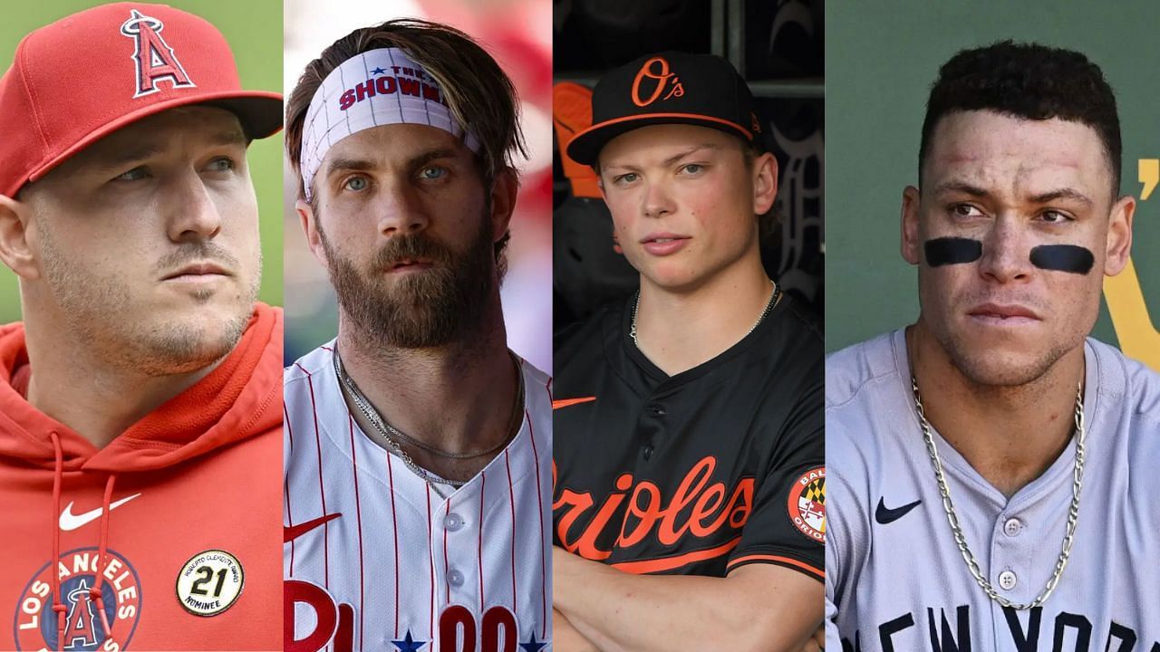 (Left to right) Mike Trout, Bryce Harper, Jackson Holliday and Aaron Judge (Images from - Getty)