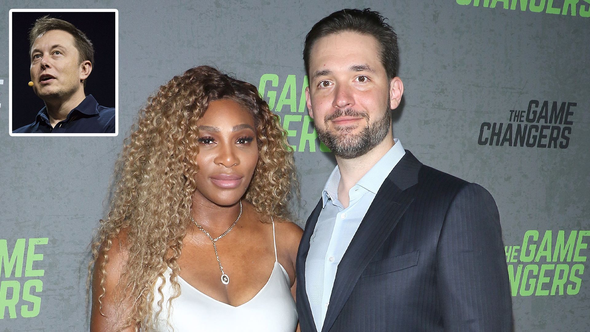 Serena Williams and Alexis Ohanian, Elon Musk (inset) - Source: Getty