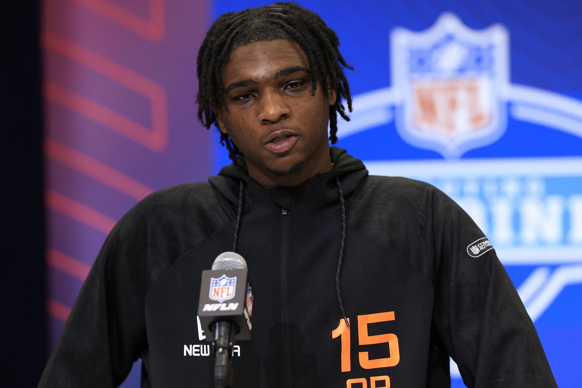 Cam Ward #QB15 of Miami-FL speaks to the media during the NFL Combine at Lucas Oil Stadium - Source: Getty