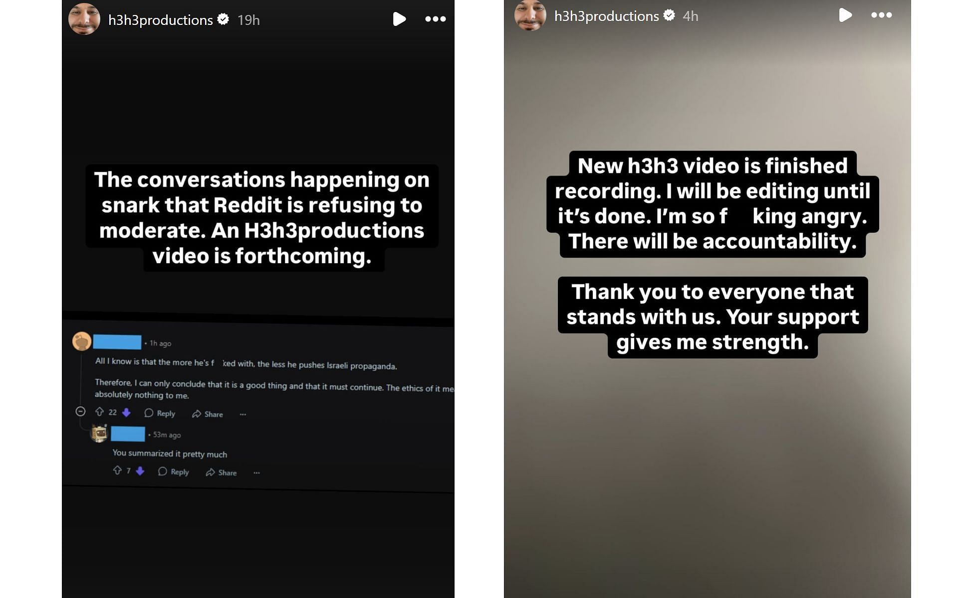 YouTuber&#039;s Instagram Stories, in which he announced producing a video on the r/h3snark community (Image via instagram.com/stories/h3h3productions