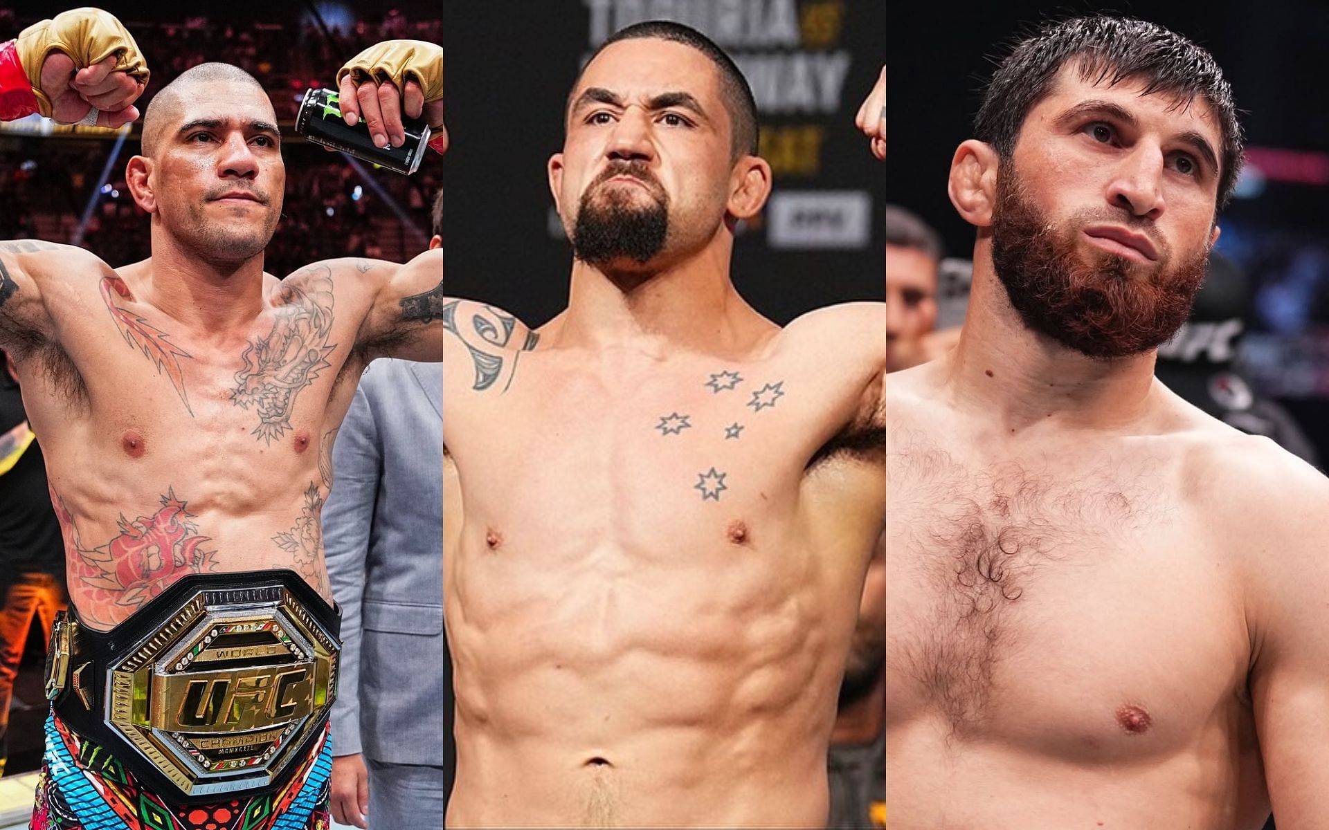 Robert Whittaker (center) predicts the winner of the Alex Pereira (left) vs. Magomed Ankalaev (right) fight. [Images courtesy: @ufceurope and @robwhittakermma on Instagram]