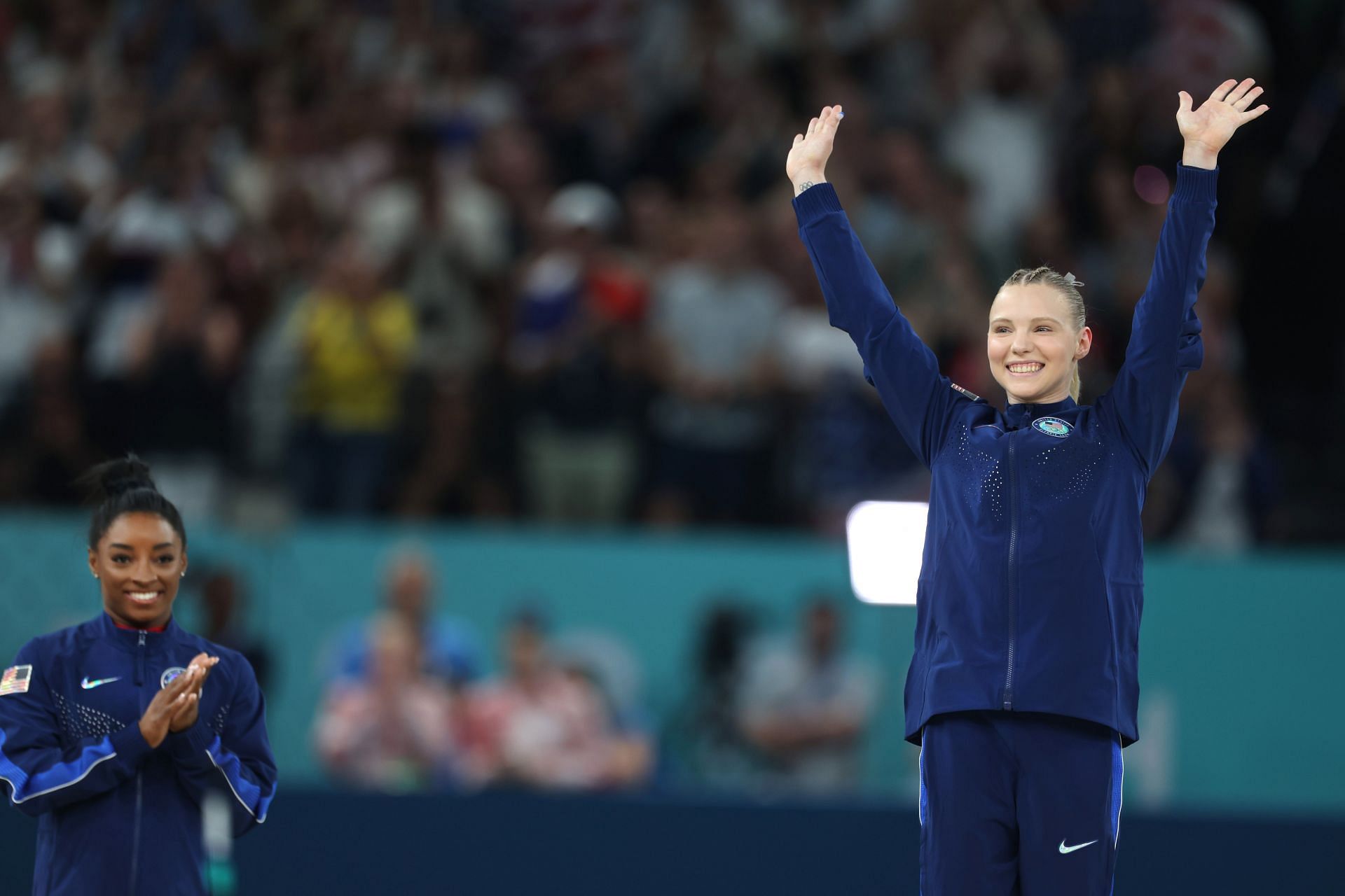 Carey on the Vault&#039;s podium during the 2024 Paris Olympics (Image via: Getty Images)