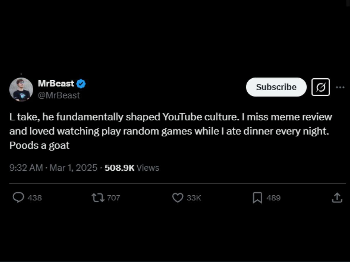 MrBeast responds to Kai Cenat&#039;s controversial take on PewDiePie (Image via X/@MrBeast)