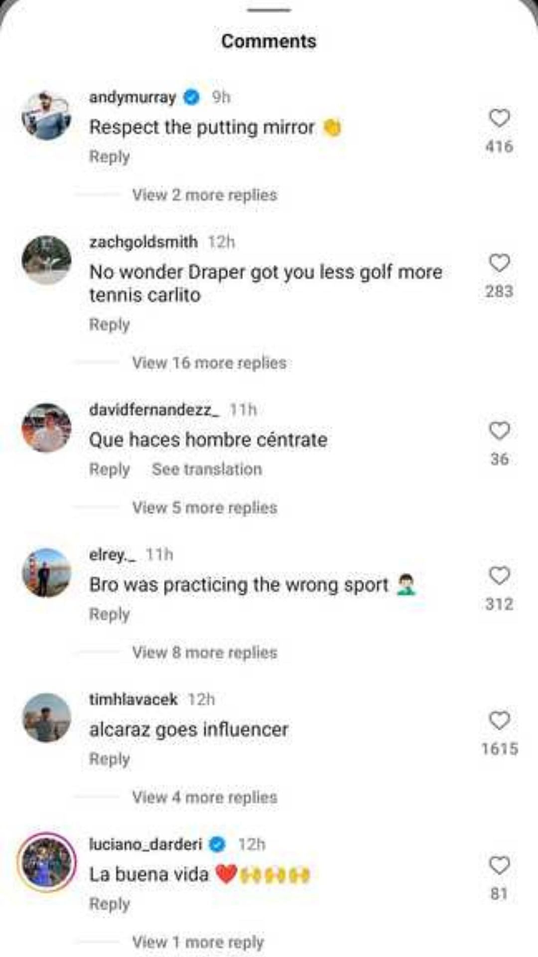 Andy Murray&#039;s comment (top) on Carlos Alcaraz&#039;s post (Image: Instagram @carlitosalcarazz)