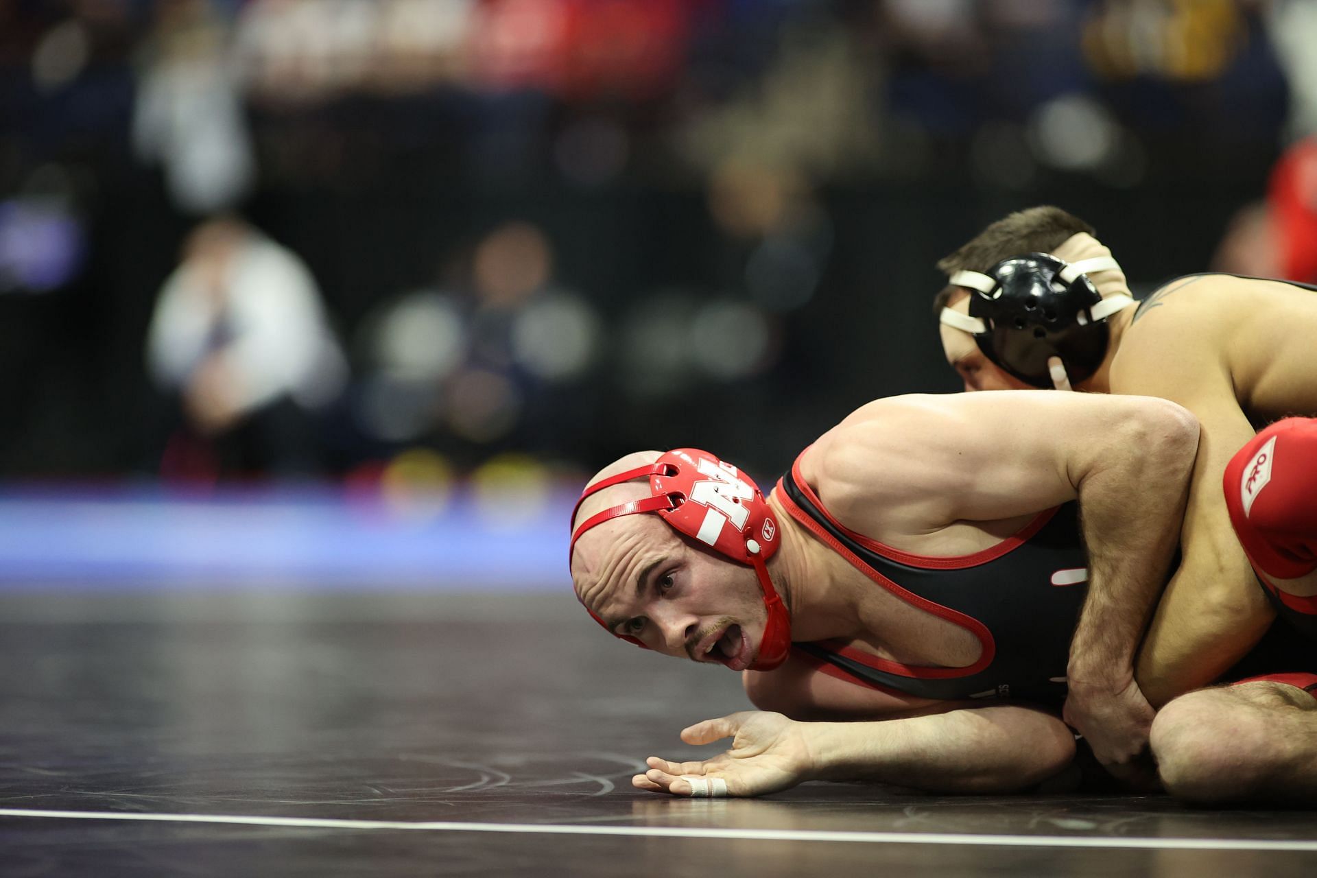 Nebraska Wrestling&#039;s Brock Hardy, during a clash against Real Woods during the 2023 NCAA Championships (Image via: Getty Images)