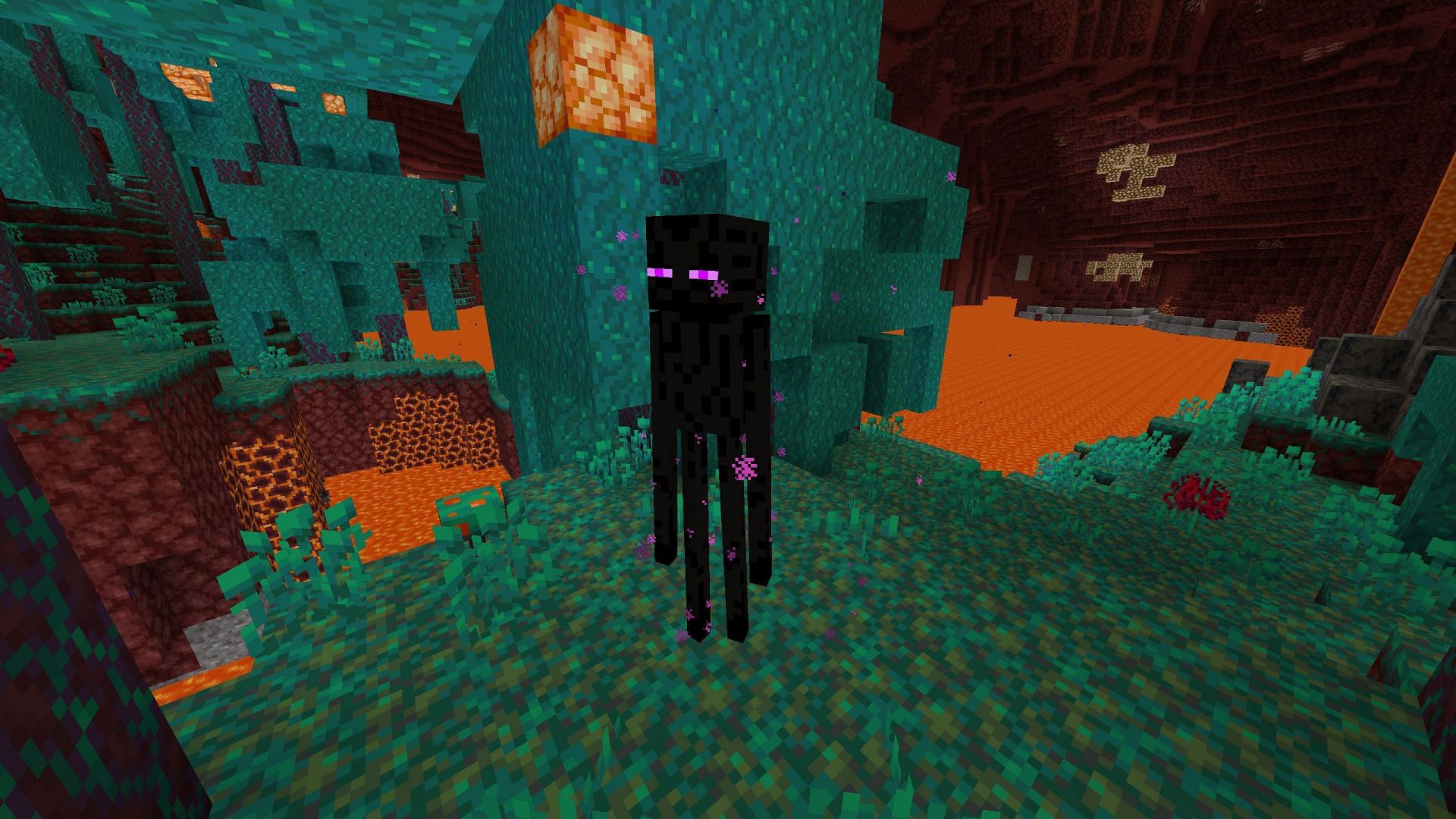 Several enderman spawn in Warped Forest, who can drop ender pearls (Image via Sportskeeda Gaming/Mojang Studios)