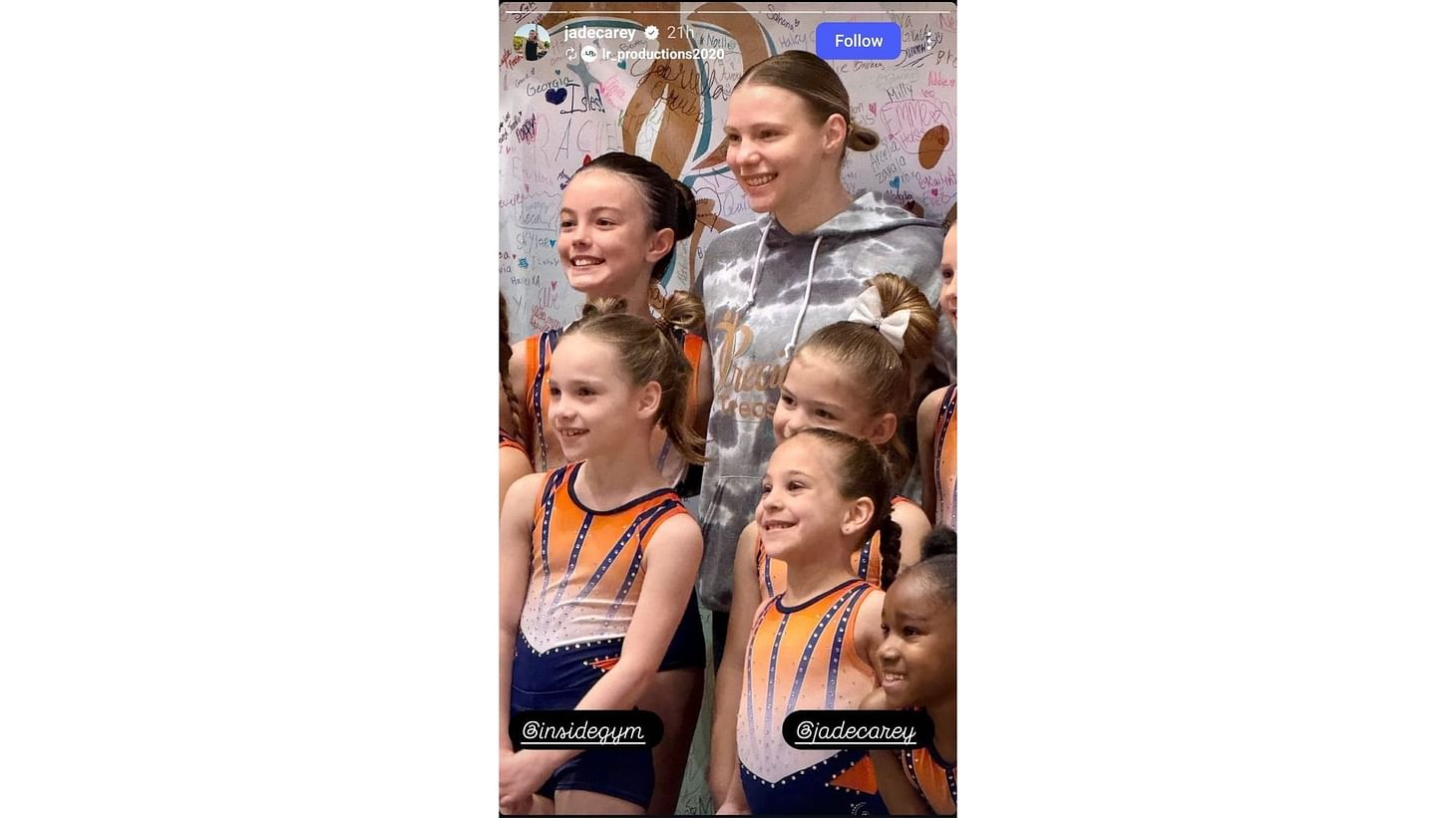 Jade Carey with young gymnasts at the Precious Treasures Invitational (Source: @jadecarey/Instagram)