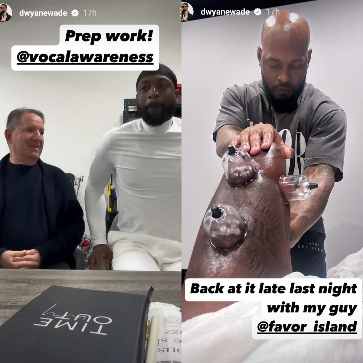 Wade shared pictures of him practicing some vocal awareness and getting cupping therapy