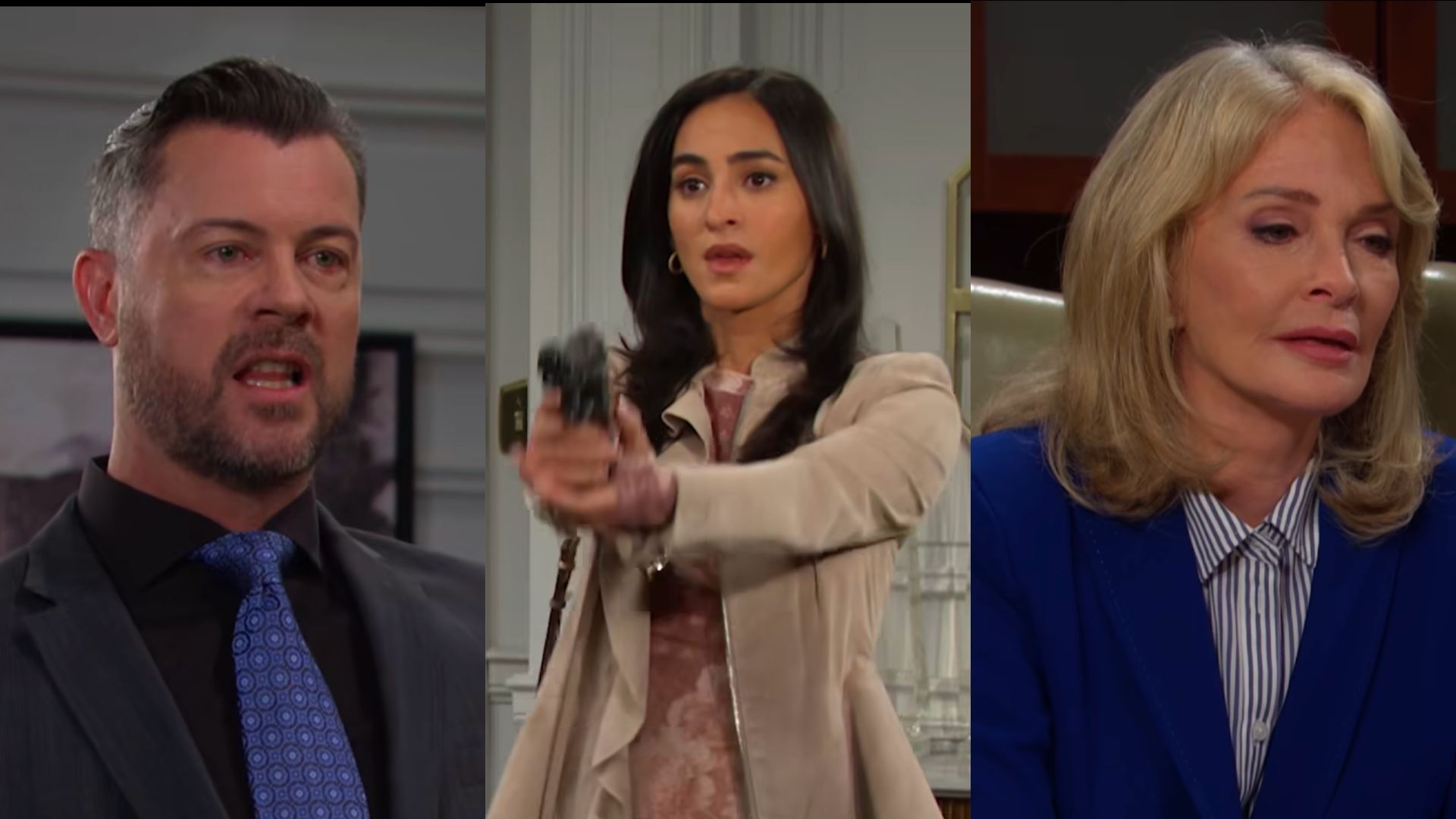 Days of Our Lives weekly preview sees Gabi threaten EJ with a gun while Marlena searches for John