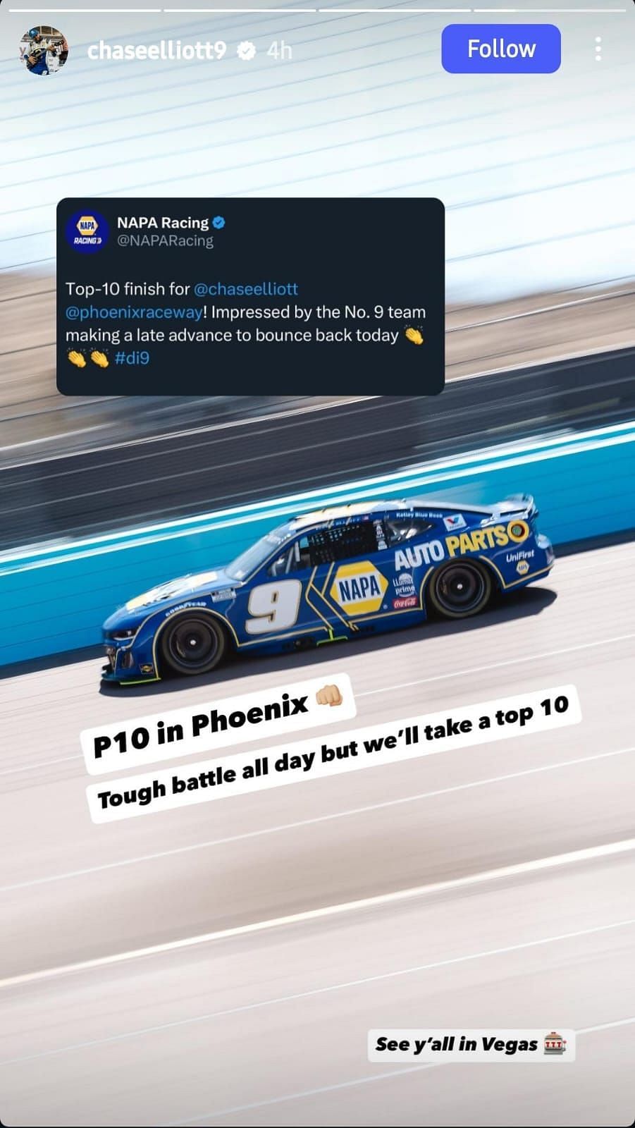 Chase Elliott expressed his feelings on his P10 finish (Source: @chaseelliott9 via Instagram)