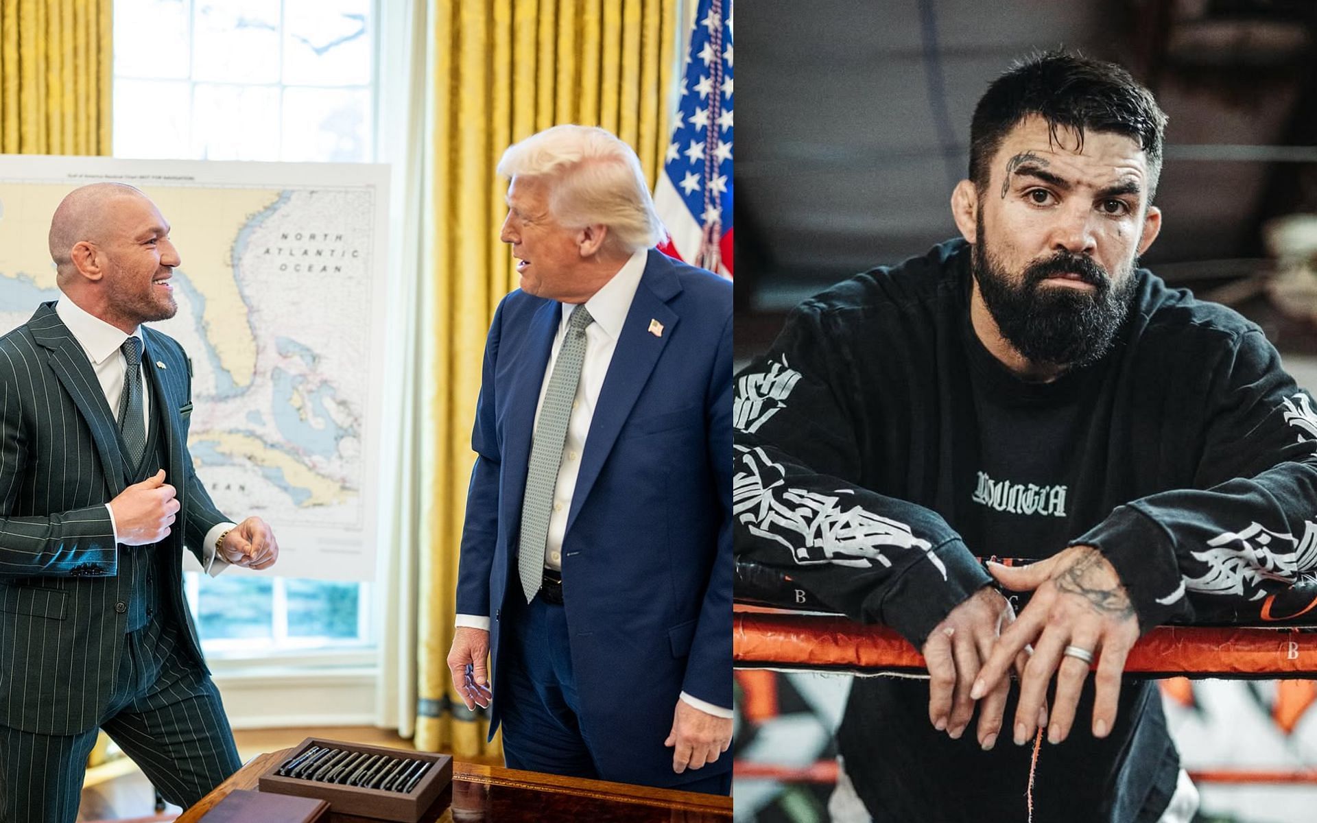 Mike Perry (right) reacts as Conor McGregor (far left) meets with Donald Trump (middle) at the White House. [Images courtesy: @whitehouse and @platinummikeperry on Instagram]